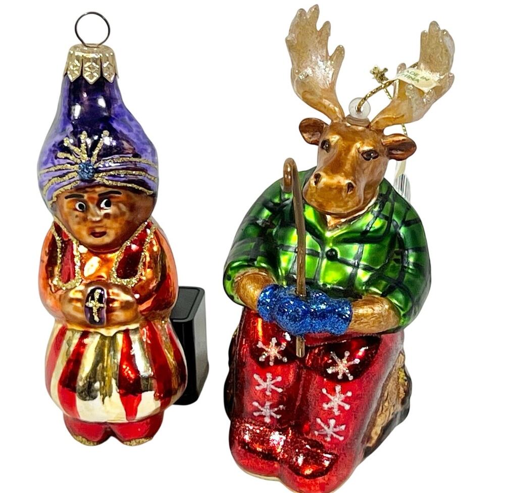 Blown Glass Christmas Ornament Lot 2 Moose Plaid Shirt Sultan Genie Wise Man